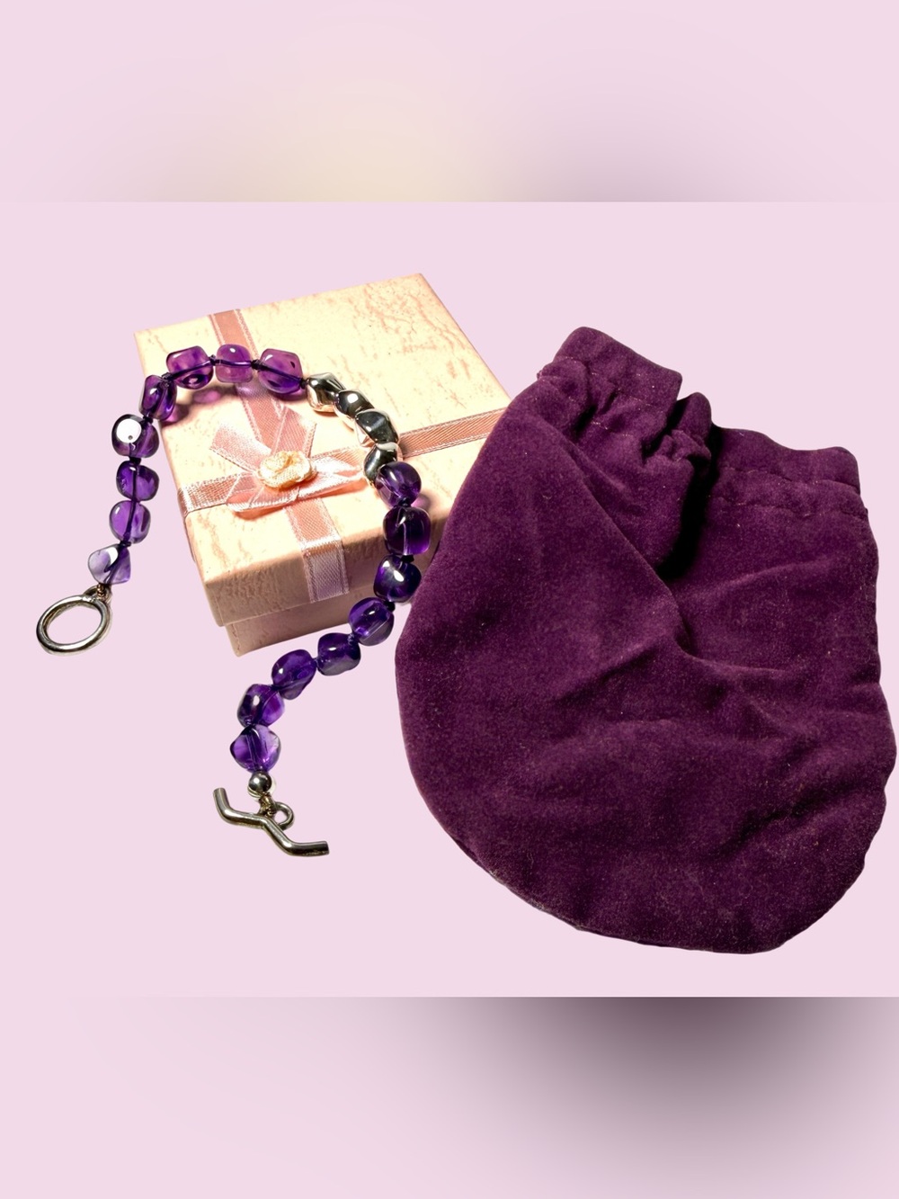 Purple Amethyst and Silver 925 Stones Shaped Bracelet with Velvet Pouch